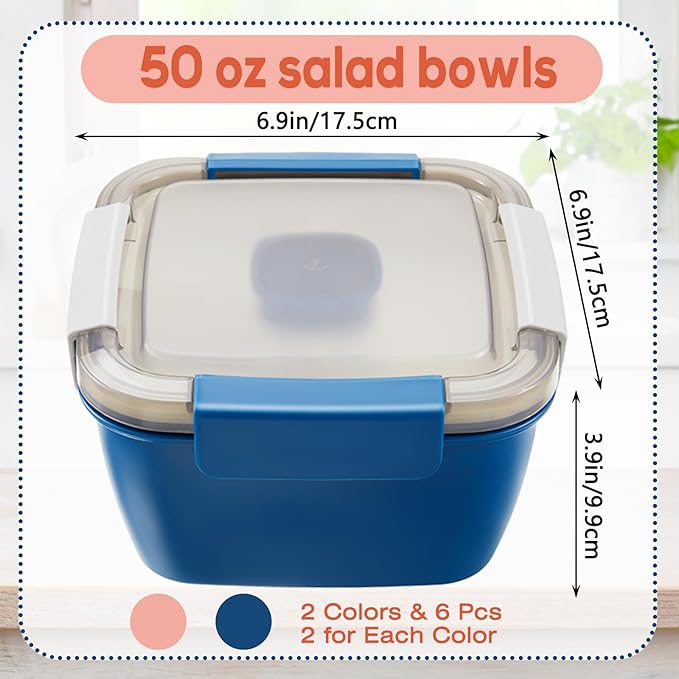 Tessco for you 6 Pcs Salad Lunch Container 50 oz Salad Container with 3 Compartment Reusable Bento Box for Adults Stackable Lunch Bowl for Meal Snack Fruit(Pink,Blue)