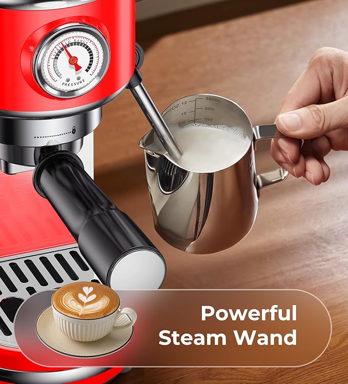 atatix 20 Bar Espresso Machine with Milk Frother, Compact Espresso Maker, Stainless Steel Coffee Machine with Precise Temp Control & 44oz Removable Water Tank for Latte, Cappuccino, Red