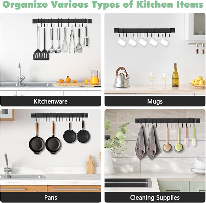 Housolution 2 Pack Kitchen Rail with 15 Hooks, 16 Inch Wall Mounted Hanging Utensil Rack Hanger for Kitchen