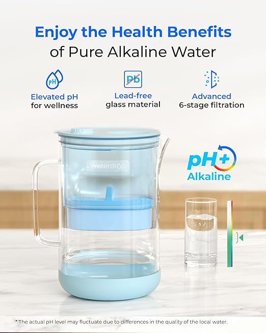 Waterdrop PT-09B-A 10-Cup Large Glass Alkaline Water Filter Pitcher, Eco-Friendly, Enhances Alkaline Water, for Home & Office, Reduces PFOA/PFOS, Chlorine, Cadmium, Copper & Mercury, Blue