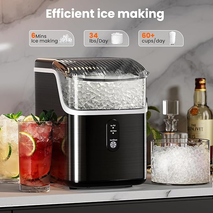 Electactic Countertop Nugget Ice Maker Pro - 34lbs/24H, Self-Cleaning Pellet Ice Machine with Soft Chewable Ice, One-Touch Operation for Home, Kitchen, Office,Party (Black)