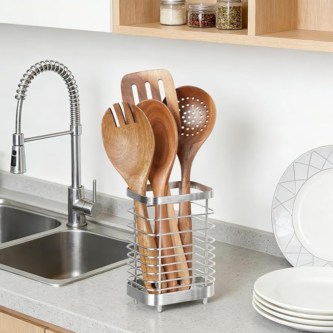 Utensil Holder, Stainless Steel Utensil Drying Rack for Kitchen Counter, Silverware Cutlery Flatware Holder Forks, Knives, Spoons, Chopsticks Organizer (Silver)