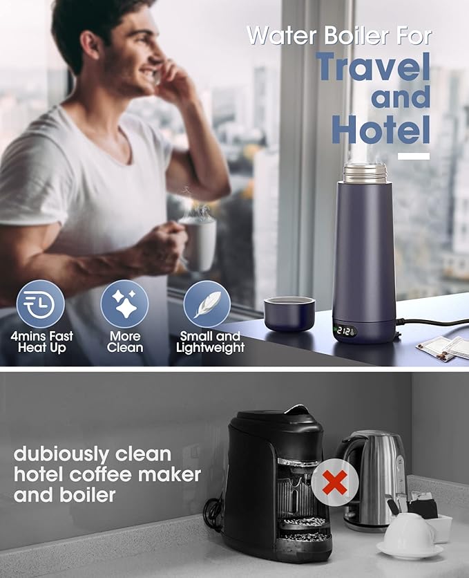 Travel Kettle, Dual Voltage Portable Electric Kettle 110V-220V-240V Smart Small Water Boiler 370ML for Tea & Coffee, 316 Stainless Steel, 6 Temperature Control and LCD Display, for Global Use