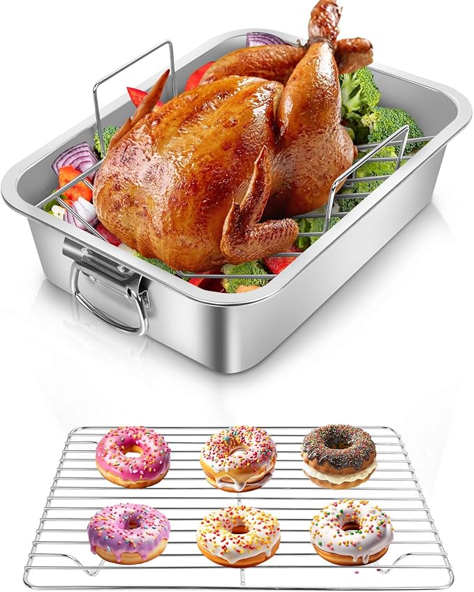 Roasting Pan,VBOYL 16" 3-Piece Roasting Pan Set: Deep Pan + Flat & V-Racks. Ideal for Turkey, Chicken, Veggies, Lasagna. Heavy-Duty, Non-toxic, Easy Clean, Dishwasher Safe.