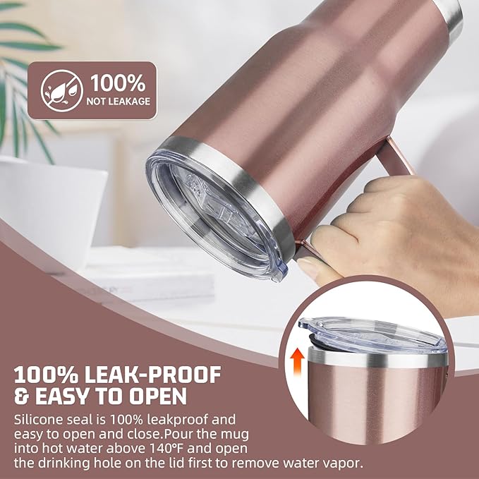 20 oz Tumbler with Handle Stainless Steel Insulated Coffee Tumbler with Lid and Straw Double Wall Vacuum Insulated Coffee Mug Leak Proof Travel Mug Tumbler for Hot and Cold Drink (Rose Gold,1pack)