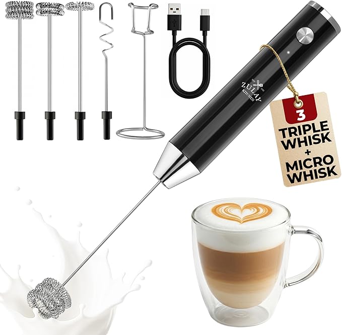 Zulay Kitchen Rechargeable Milk Frother Handheld - Lux 4 Whisks, Powerful 2-Speed Motor, Waterproof, 2000mAh Battery - Drink Mixer for Latte, Cappuccino, Matcha & Protein Powder - Jet Black