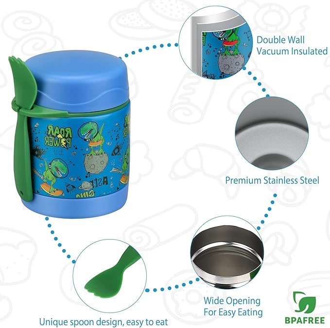 Howeemo 10oz Soup Thermo for Hot Food Kids,Lunch Thermo Kids Food Jar with Spoon Hot Insulated Food Containers,Leak Proof Stainless Steel Wide Mouth Lunch Food Thermo Jar for School(Blue-Dinosaur)