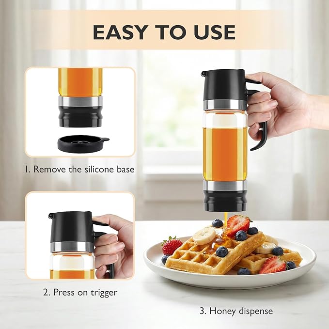 Aelga Coffee Syrup Dispenser, Honey Dispenser, 12 OZ Glass Syrup Bottles with Handle, No Drip Pouring, Coffee Bar Accessories for Coffee and Tea, Black 2 Pack