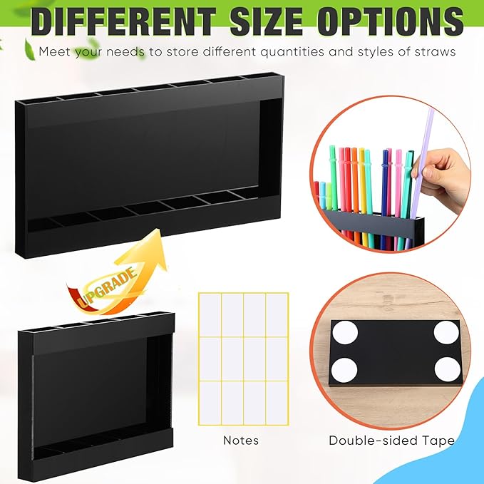 Qinyoung Acrylic Straw Holder for Cabinet Door with Double Sided Adhesive Tape Reusable Straw Organizer Tumbler Storage Kitchen Accessories Container for Counter Cupboard(Classic,Extra Large,Black)