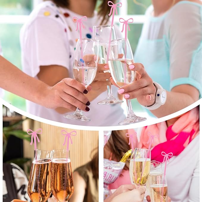 20PCS Drink Stirrers Cocktail - Shimmeroo Pink Bow Acrylic Drink Stirrers, 6 Inch Long Reusable Plastic Stirrer for Wedding Birthday Bridal Bachelorette Party Supplies Cupcake Decorations