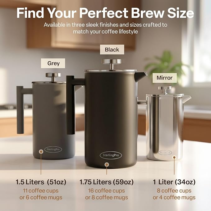 SterlingPro Stainless Steel French Press Coffee Maker 1 L (34 oz) Black – Double Walled Insulated Large Coffee Press, Durable Design Keeps Drinks Hot, Easy to Use and Clean for Rich Flavor Brewing