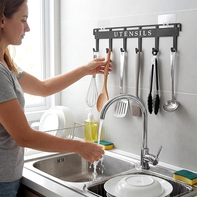 Kitchen Utensil Hanger Wall Mount Kitchen Utensil Holder Organizer Rack Rail with 6 Hooks Space Saving No Drilling Black Adhesive Wall Hooks for Hanging Cooking Utensils Set