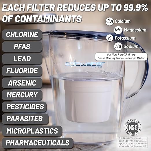 Epic Water Filters Pure Filter Pitchers for Drinking Water, 10 Cup 150 Gallon Filter, Tritan BPA Free, Reduces Fluoride, Chlorine, Lead, Forever Chemicals (Navy Blue XP)