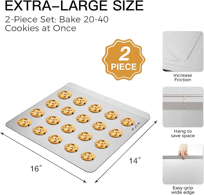 HONGBAKE 2 Pieces Large Flat Cookie Sheet No Edges, Nonstick Insulated Baking Pan, Commercial Oven Trays for Cooking, 16" X 14", Grey