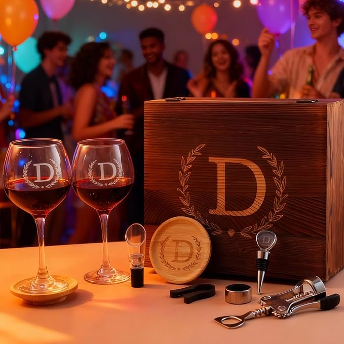 GZLDGIFTS Personalized Initial Wine Glasses Box Gift Set For Women Mom Engraved Birthday Monogrammed Wooden Christmas Gifts Wedding Anniversary Wine Couples Stopper Opener Initial Letterr (L Set)