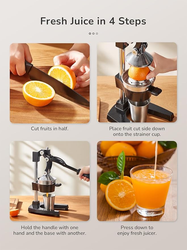 QCen Professional Cast Iron Manual Juicer, Heavy Duty Citrus Press with Stainless Steel Strainer, Easy-to-Clean Hand Squeezer for Orange, Lemon, Lime and Grapefruit - Black (Black)