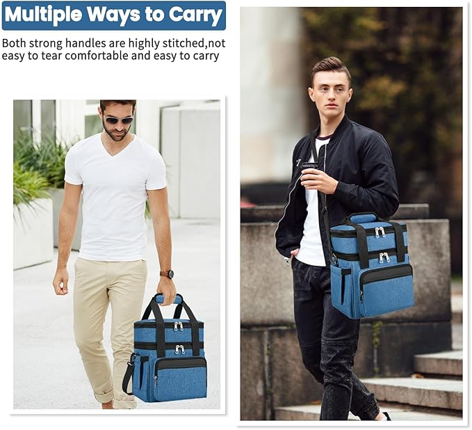 holuxer Insulated Lunch Bag & Lunch Box for Men - Double Deck Reusable Lunch Bag for Women Tote Cooler Bag Leakproof Soft Expandable - Extra Large Lunchbox for Work/Adult/Picnic/Outdoor (Blue，22L)