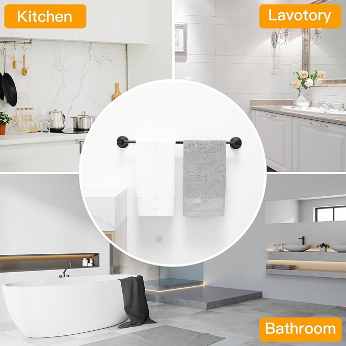 BESy Adjustable 16 to 26 Inch Bath Towel Bar Rack for Bathroom Towel Holder, Wall Mounted Towel Bar Rod Hanger Bathroom Hardware Accessories Hotel Style, Stainless Steel, Matte Black