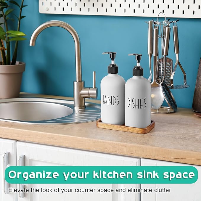 ALELION White Dish Soap Dispenser Set for Kitchen - 16 OZ Hand Soap Dispenser with Pump and Acacia Wood Tray - for White Kitchen Decor and Accessories