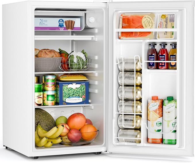 Antarctic Star 3.2 Cu.Ft.Compact Refrigerator with Freezer, Mini Fridge Single Door with Adjustable Thermostat,Removable Glass Shelves for Apartment,Dorm,Office,Kitchen，WHITE