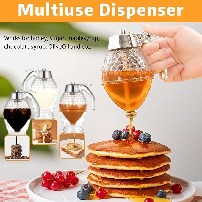 Honey Dispenser - Glass Honey Dispenser No Drip, 8oz Pot with Stand, Maple Syrup Container, Elegant Honeycomb Shaped Jar for Tea Time (general)