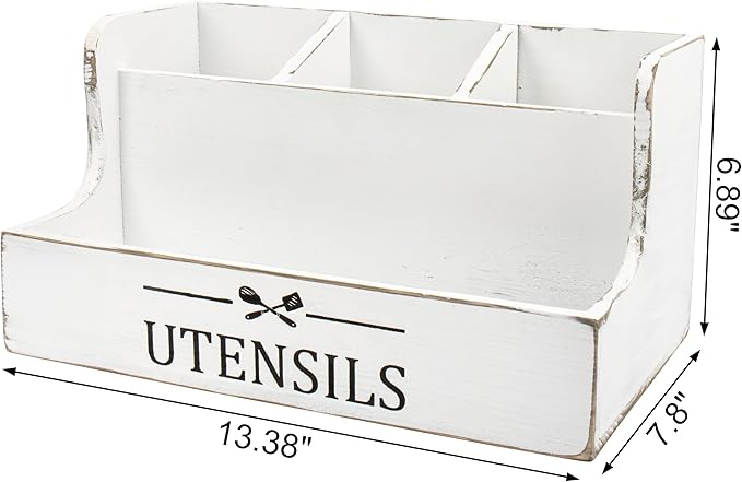 RedCall Extra Large Kitchen Utensils Holder 4 Compartments,Wood Utensil Organizer for Kitchen Countertop,Farmhouse Cooking Utensil Holder with Spice Storage space (Antique)