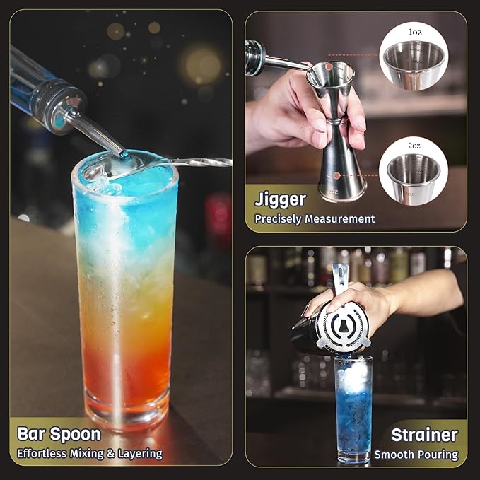 Boston Cocktail Shaker, 8-Piece Professional Shaker Set, Stainless Steel Bar Tools Set with Boston Shaker, Bar Spoon, Jigger, Hawthorne Strainer, Dishwasher Safe, Ideal Bartender Kit for Bar
