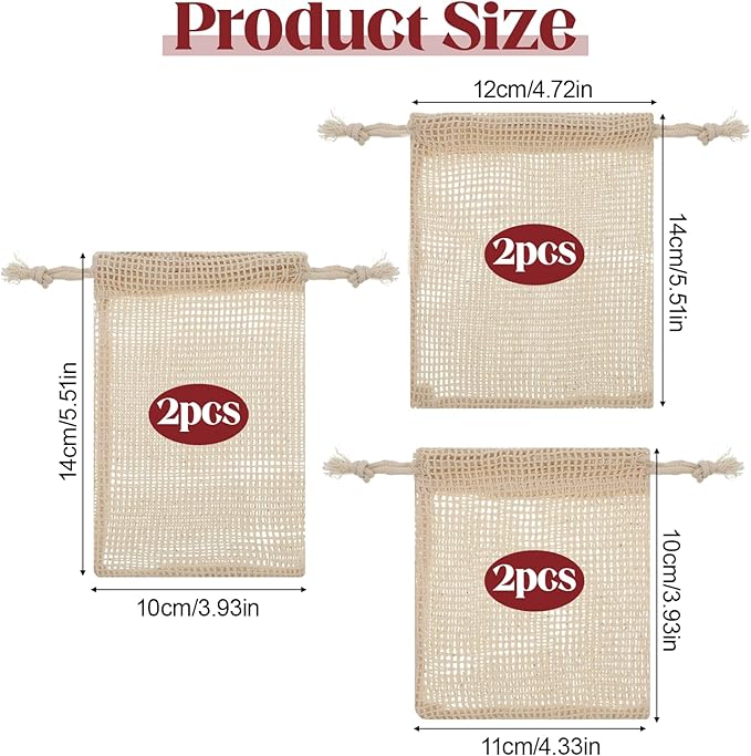 6 Pack Reusable Produce Bags, Cotton Mesh Bags With Drawstring for Vegetables Fruits Grocery Shopping, Multi Size Durable Washable Storage Bag (2L,2M,2S)