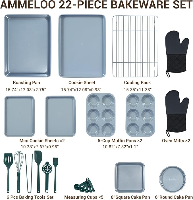 Ammeloo 22-Piece Baking Pans Set Stackable Bakeware Non Stick Baking Set Non Toxic Oven Pans, Including Roasting Pan, Cookie Sheets, Muffin Pans, Cake Pans, Oven Mitt and Utensils(Gray & Hunter Green)