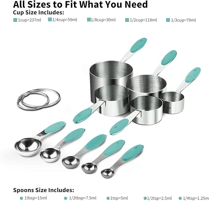 U-Taste 18/8 Stainless Steel Measuring Cups and Spoons Set of 10, and 18/8 Stainless Steel Square Measuring Spoons Set of 8 (Aqua Sky+Silver)