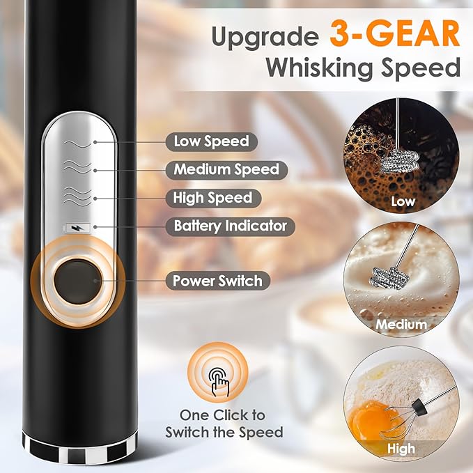 Milk Frother Handheld, Rechargeable Coffee Frother Wand with 2 Stainless Whisks 3 Speeds, Drink Mixer, Electric Foam Maker, Hand Mixer for Lattes, Cappuccino, Matcha, Egg, Black