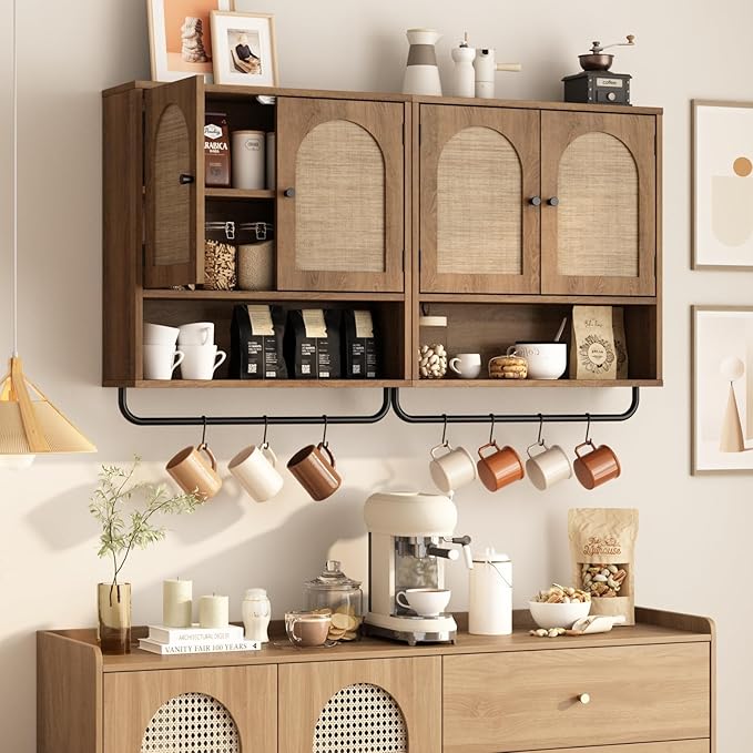 RUSTOWN Rattan Bathroom Wall Cabinet, Boho Medicine Cabinet with 2 Arched Doors, Farmhouse Over The Toilet Storage Cabinets with Adjustable Shelves & Towel Bar, 3-Tier Wall Mounted Cabinets