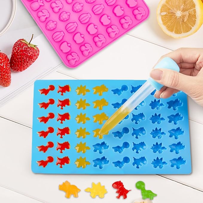Gummy Candy Molds - Silicone Gummy Dinosaur/Marine Animal/Donut/Small Hearts Shapes/Fruit Snack Mold with 2pcs Dropper,Non-stick and Bpa Free for Mini Candy Chocolate Gummies Baking