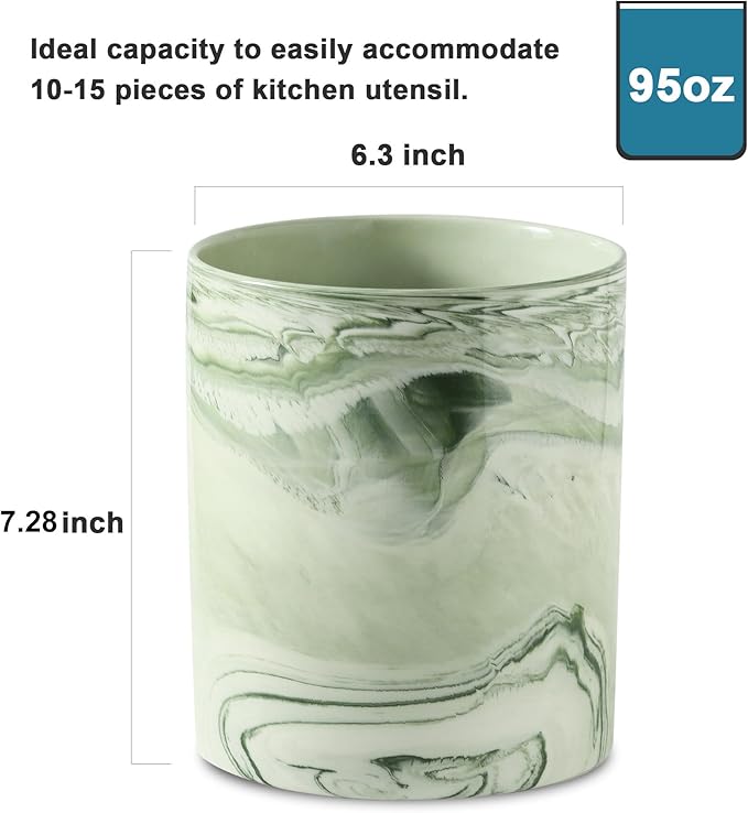 7.2 inch Large Utensil Holder for Kitchen Counter, Marble Utensil Crock Spatula Holder for Countertop Cooking Tools Storage Caddy Farmhouse Kitchen Decor (Marble-Green)