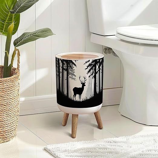 Trash Can with Lid Deer antlers posing forest silhouettes trees Magical misty landscape Press Top Round Small Garbage Bin with Wooden Legs Waste Basket for Kitchen Bedroom Nursery 7L/1.8 Gallon