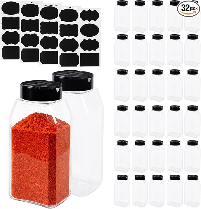 SINJEUN 32 Pack 16 Oz Plastic Spice Jars with Black Cap, Empty Seasoning Bottles with Shaker Lids, Clear Seasoning Containers for Kitchen Storing Spice, Powders, Salt, Herbs