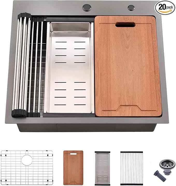 25 Inch Black Drop In Kitchen Sink Workstation - VOKIM 25x22-Inch Drop In sink 16 Gauge Stainless Steel 10'' Deep Single Bowl Handmade Kitchen Sink with Cutting Board& Strainer