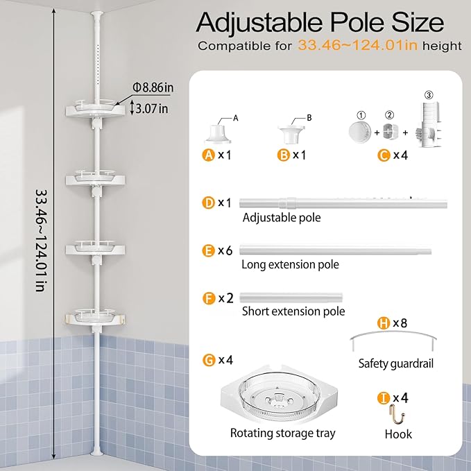 shuang qing 360° Rotating Corner Shower Caddy Tension Pole Organizer - 4-Tier Adjustable Rustproof Metal Pole, Plastic Shelves with Safety Guardrail, Bathroom Storage for Shower & Bathtub(White)