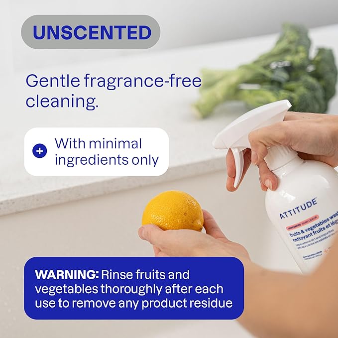 ATTITUDE Fruit & Vegetable Wash, Unscented Food-Safe Produce Wash to Remove Dirt, Wax & Residue, Vegan Plant-Based Produce Cleaner, 27.1 Fl Oz