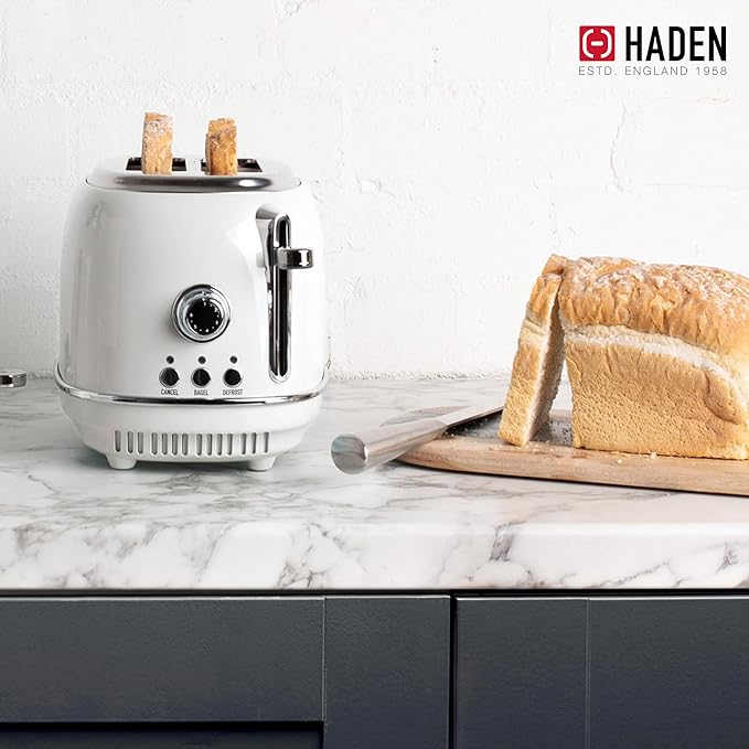 Haden Heritage 2 Slice Wide Slot Stainless Steel Toaster with Adjustable Browning Control & Non-Slip Feet, Ivory & Chrome
