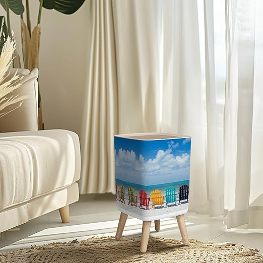 Small Trash Can with Lid Beautiful Color Chairs Beach Wastebasket with Press Cover Dog Proof Garbage Can Waste Bin for Kitchen Bathroom Nursery 2.6 Gallon
