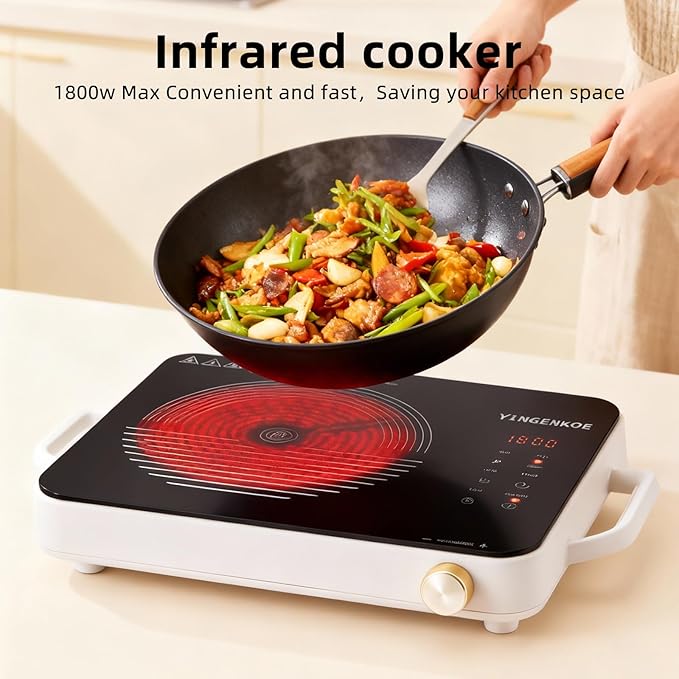 Electric Burner 1800W Hot Plate with 7.5" Ceramic Glass Cooktop Up Quickly for Easy Cleaning Electric Stove Compatible with All Cookware Suitable for Picnics, Mocha