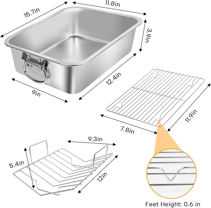 Roasting Pan,VBOYL 16" 3-Piece Roasting Pan Set: Deep Pan + Flat & V-Racks. Ideal for Turkey, Chicken, Veggies, Lasagna. Heavy-Duty, Non-toxic, Easy Clean, Dishwasher Safe.