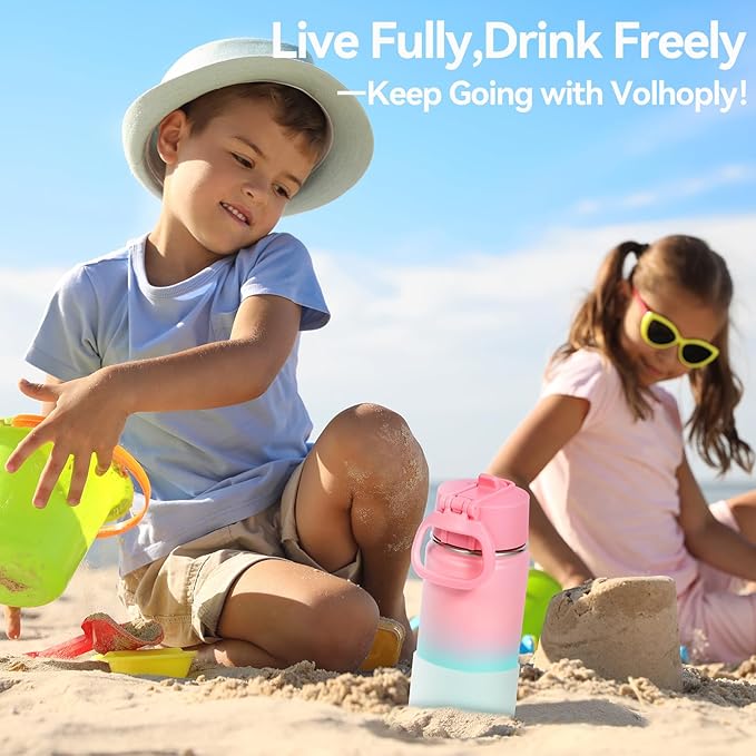Volhoply 14oz KIds Water Bottle with Straw Lid and Silicone Boot Bulk 2 Pack,Stainless Steel Insulated Cups for Boys & Girls Multipack,Double Wall Vacuum Leakproof Bottles(Pink Green,2)