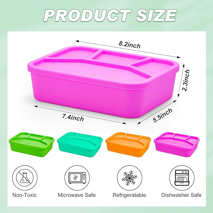 Ziliny 4 Pcs Silicone Bento Box Reusable Lunch Container Smooth Leak Proof Lunch Box Rectangle Bento Boxes for Adult Work Travel Food Meal Compartment Storage, 4 Colors (Brilliant Color)