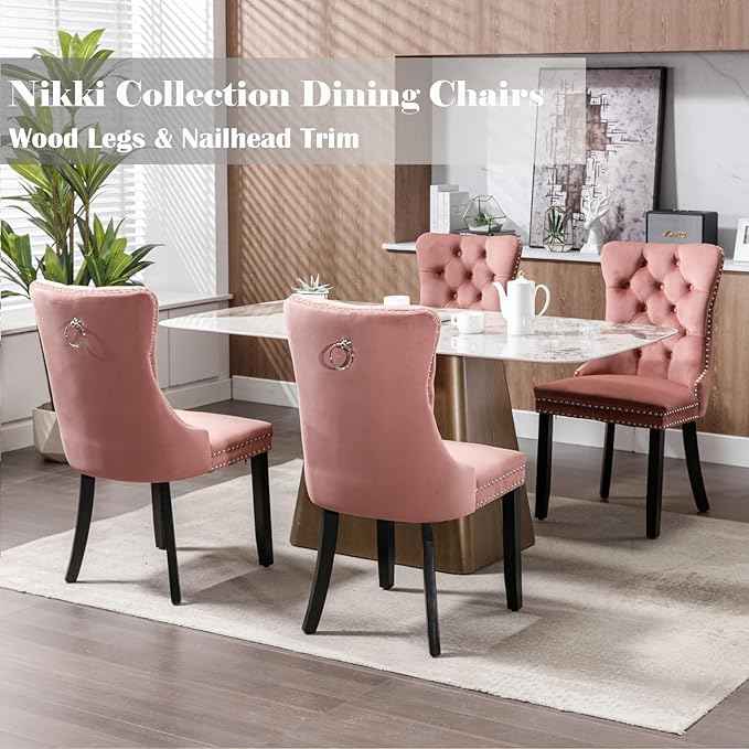 Pink Velvet Dining Chairs Set of 2, Upholstered Dining Room Chairs with Back Ring Pull Trim and Solid Wood Legs, Tufted Wingback Kitchen Chairs for Dining Room,Living Room,Kitchen(Pink)