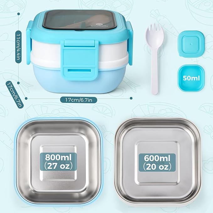 Sinnsally Bento Box Adult Lunch Box with Stainless Steel Container,Metal Lunchable Food Storage Container with Sauce Jar (Blue)