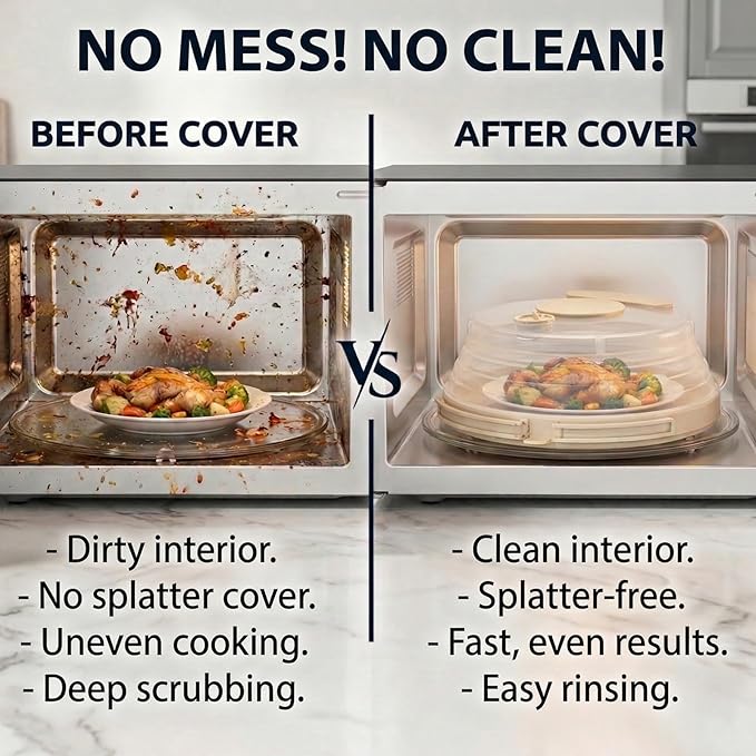 Microwave Splatter Cover with Base Plate and Water Steamer,Collapsible Microwave Cover for Food with Handle and Seasoning Groove, Clear Plate Covers,Food Safe,BPA Free,House Gifts (Creamy White)