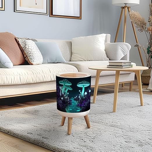 Trash Can with Lid Fantasy Dark Forest Green Glowing Mushrooms Press Top Round Small Garbage Bin with Wooden Legs Waste Basket for Kitchen Bedroom Nursery 7L/1.8 Gallon