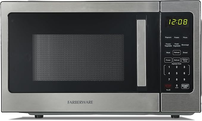 Farberware 0.9 Cu. Ft. Countertop Microwave Oven – 900 Watts Power, Auto Cook Settings, Defrost, Easy Clean and Child Safety Lock - Stainless Steel